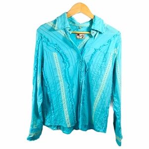 Scully Blue Button Down Ruffle Lace Western Top